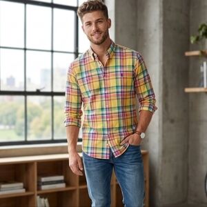 Ralph Lauren Vintage Colorful Stripe Check Mens Button‎ Front Shirt Size Large
